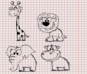 мультфильм животные, жираф, лев, слон, бегемот