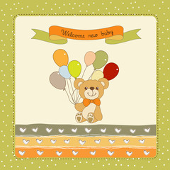 new baby announcement card with teddy bear and balloons