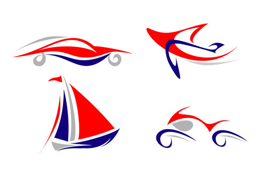 Airplane, Yacht, Car, Motorcycle - vector icons