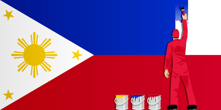 Illustration of a man figure painting the flag of Philippines