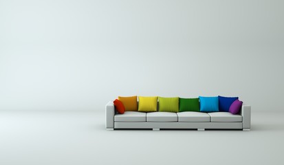 Wohndesign - weisses Sofa mit bunten Kissen