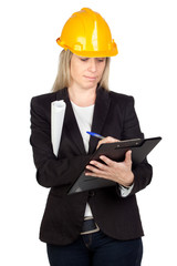 Blonde architect with a black jacket