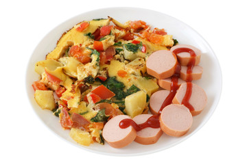 omelet with potato and cut sausages