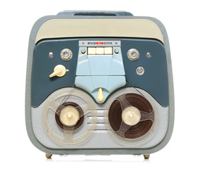 vintage analog recorder reel to reel on white background