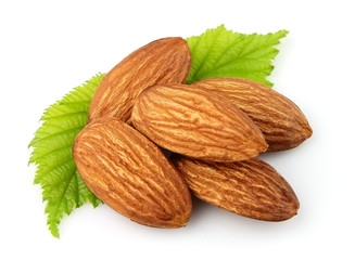 Almonds with green leaves