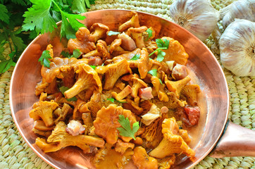 Chanterelles stewed with bacon, garlic and herbs