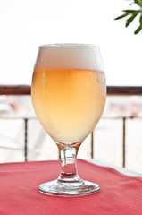 fresh beer on a red tablecloth