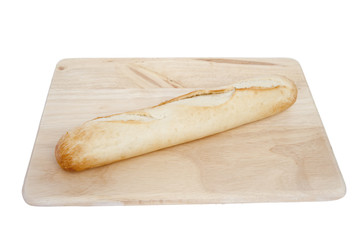 Fresh baguette on chopping board isolated on white