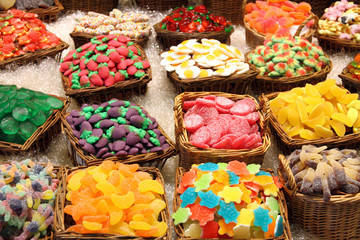 Candies sweets in La Boqueria food market in Barcelona Catalonia
