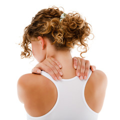 Woman massaging pain back isolated on white