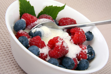 fresh raspberries and berry with cream and sugar on a bowl