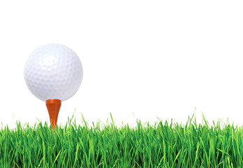 Golf ball on green grass over white background