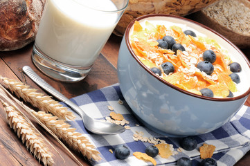 Healthy breakfast with cereals and blueberries