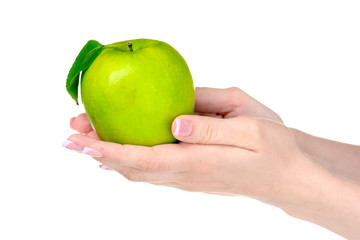 Woman hands holdig ripe organic apple isolated on white