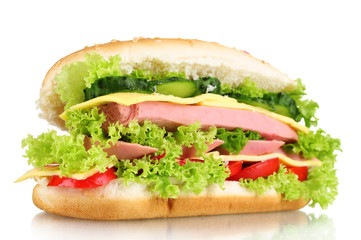 Sandwich with sausage, cheese, cucumber and tomatoes isolated on