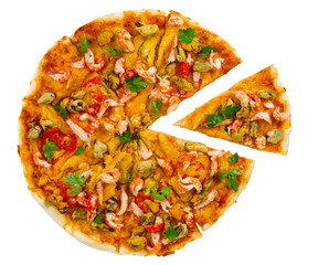 Delicious pizza with seafood isolated on white