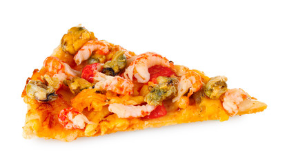 Delicious slice of pizza with seafood  isolated on white