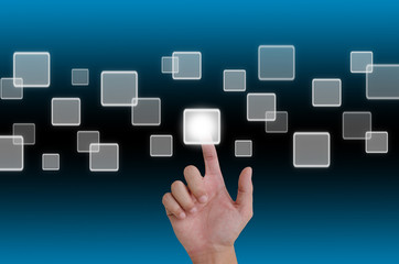 hand pushing a button on a touch screen interface.