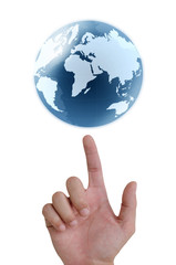 concept hand pointing earth globe.