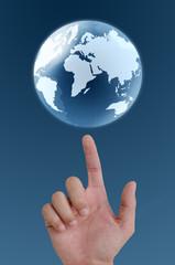 concept hand pointing earth globe..