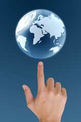 concept hand pointing earth globe.