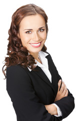 Happy smiling business woman, over white