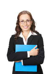 Businesswoman with blue folder, isolated