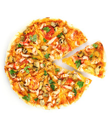 Delicious pizza with seafood isolated on white