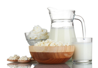 Delicious dairy products isolated on white
