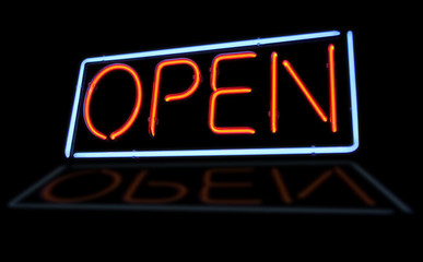 Open neon light sign with reflection