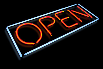 Open neon light sign with reflection