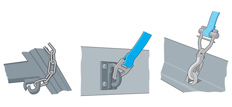 Lorry load securing straps and hooks