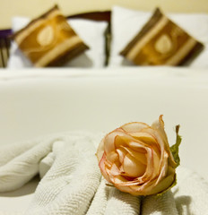 Bed In A Boutique Hotel With A Single Rose