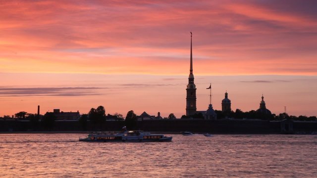 Passenger boat floats across Neva by Peter and Paul Fortress