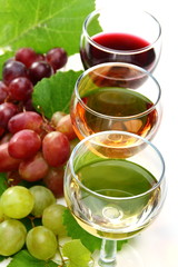 Glasses with white, pink and red wine.