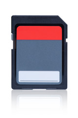 Memory card with reflection on white background.