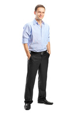 Full length portrait of a smiling man looking at camera with con