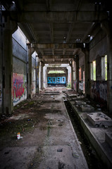 Dead building`s tunnel with graffiti