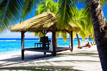 Fototapeta premium Tropical gazebo with chairs on a beach with palm trees