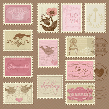 Retro Postage Stamps - for wedding design, invitation, congratul