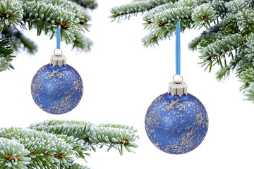 Christmas  and blue glass balls on fresh white snow