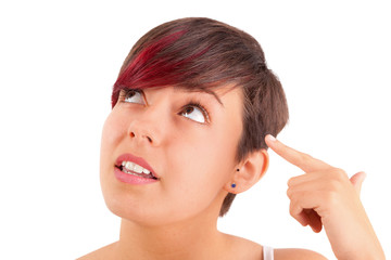 Portrait of a young female thinking and pointing her head
