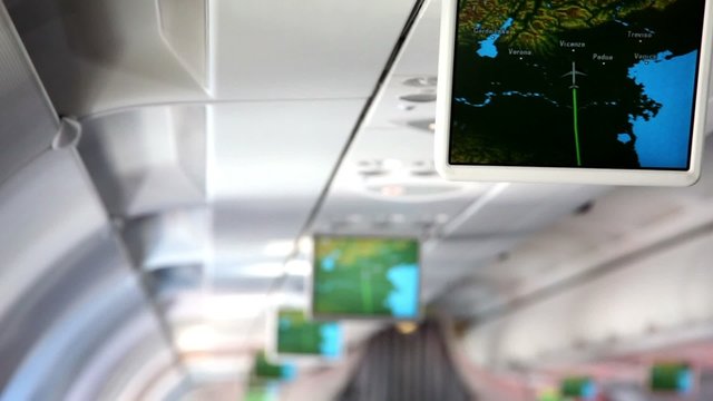 Aircraft cabin, under ceiling hung displays and show information