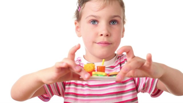 Girl holding tray with hands with copy of fast food meal