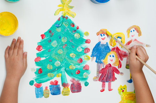 Child painting Happy family and Christmas tree