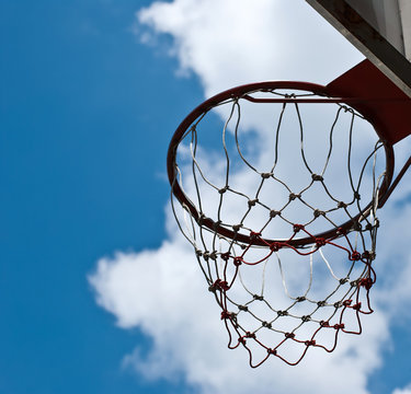 Basketball basket against pines and blue sky.