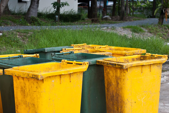 Green and yellow rubbish bins in a park.