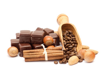 chocolate, coffee beans, cinnamon and nuts