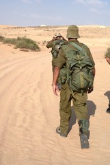 Rear view of men walking in Negev desert