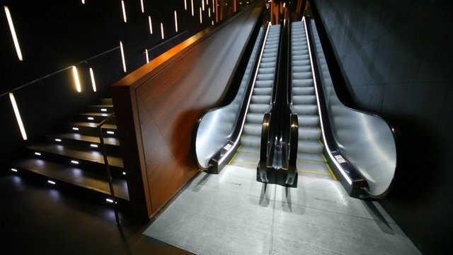 Empty escalator moves in empty hall.